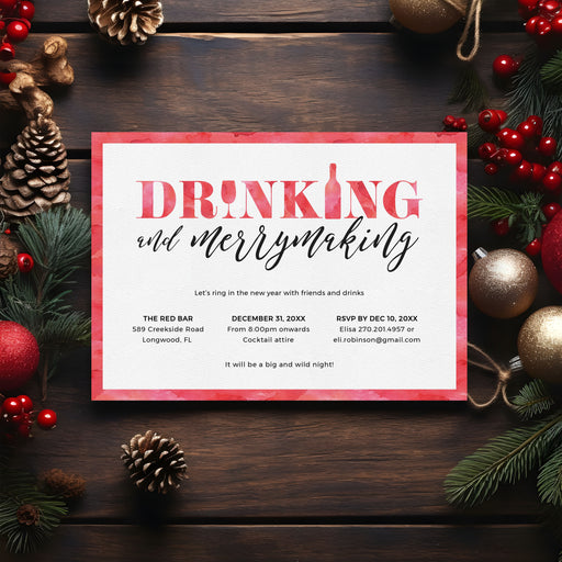 Digital holiday party invitation featuring festive Christmas design with cocktails and merrymaking theme for holiday cocktail party invites