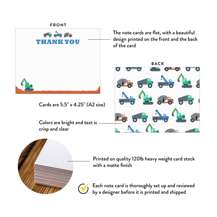 Product details for dump truck birthday thank you cards for kids: front and back designs, A2 size, matte cardstock, and design proof.