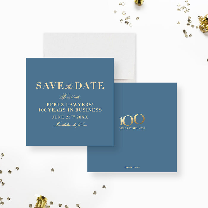 Dusty Blue and Gold Save the Date Card for 100 Years in Business Celebration, Elegant Save the Dates for 100th Business Anniversary, Centennial Save the Date