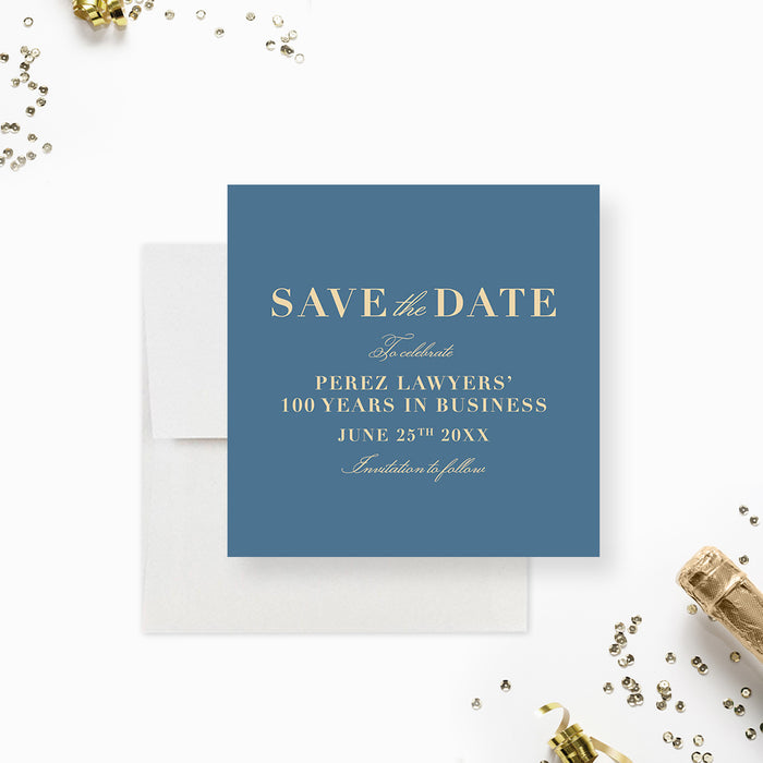 Dusty Blue and Gold Save the Date Card for 100 Years in Business Celebration, Elegant Save the Dates for 100th Business Anniversary, Centennial Save the Date