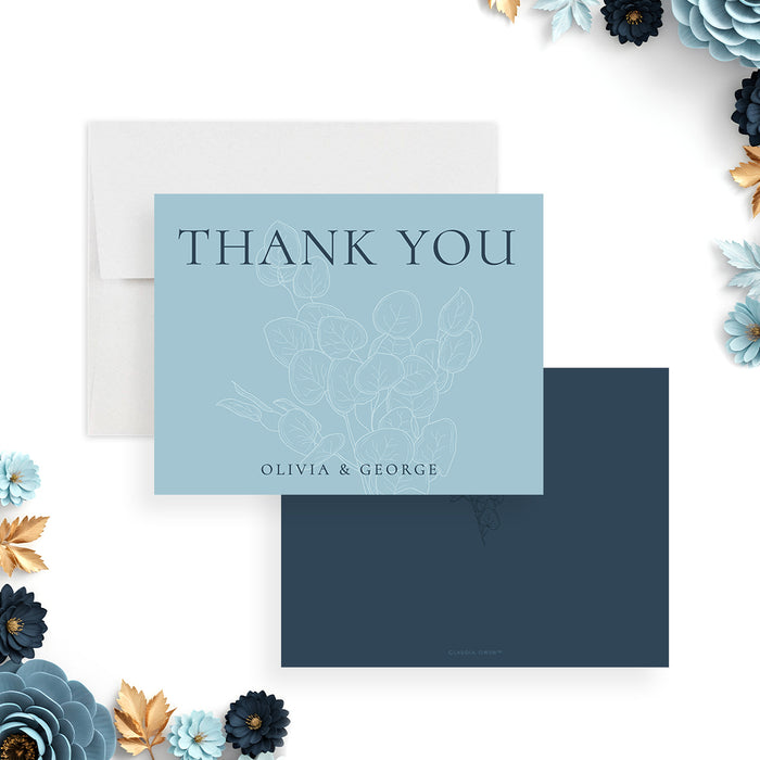 personalized blue botanical wedding thank you card with elegant thank you lettering, line art floral details, and custom couple names-front-back