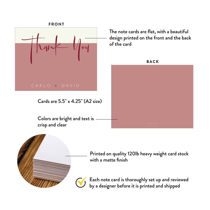 Front and back of dusty rose gay wedding thank you cards with A2 size and matte cardstock details.