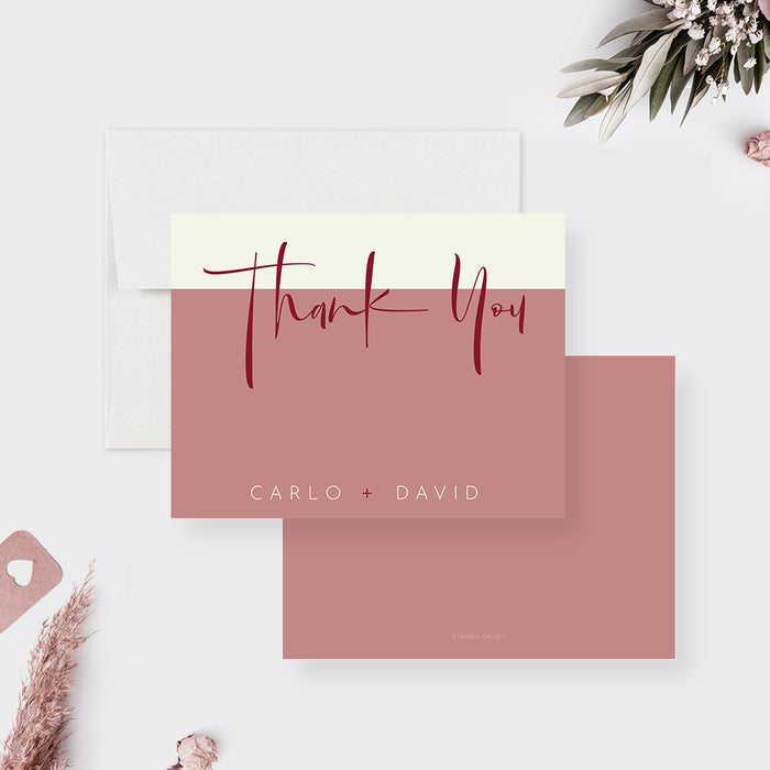 Dusty rose and cream wedding thank you note card with modern script and two personalized names along the bottom.