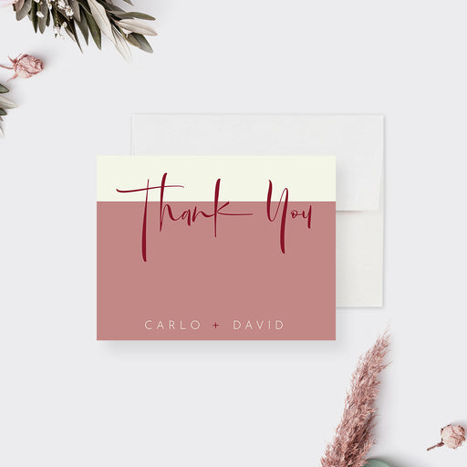 Dusty rose and cream wedding thank you note card with modern script and two personalized names along the bottom.