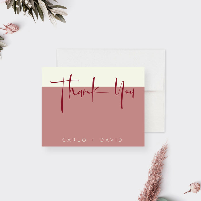 Dusty rose and cream wedding thank you note card with modern script and two personalized names along the bottom.