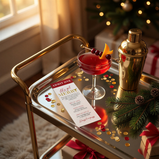 A festive holiday scene with a cocktail glass, a cocktail shaker, and a Christmas tree in the background.