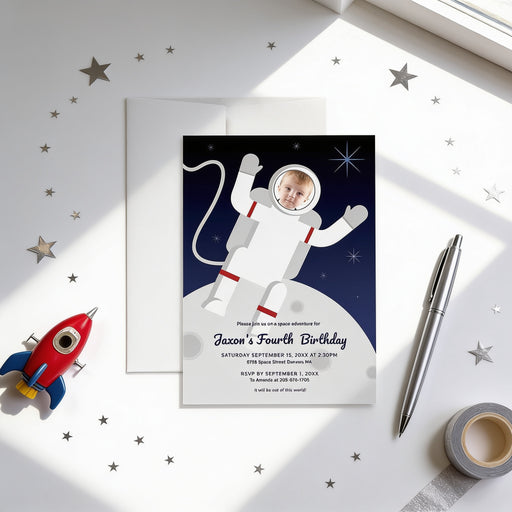 a birthday invitation for a boy named Jason, who is turning four years old. The invitation is set against a space theme, with a rocket ship illustration and stars surrounding it. The invitation also includes details about the party, such as the date, time, location, and RSVP information.