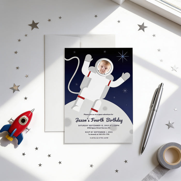 a birthday invitation for a boy named Jason, who is turning four years old. The invitation is set against a space theme, with a rocket ship illustration and stars surrounding it. The invitation also includes details about the party, such as the date, time, location, and RSVP information.