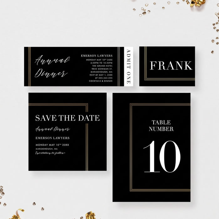 a set of black and white event invitation cards with gold accents. The cards feature elegant text and design elements, such as the words "Annual Dinner" and "Frank" prominently displayed. The cards also include details about the event, such as the date, time, and location, as well as a number "10" indicating the table number. The overall design and layout of the cards suggest a formal and sophisticated theme.