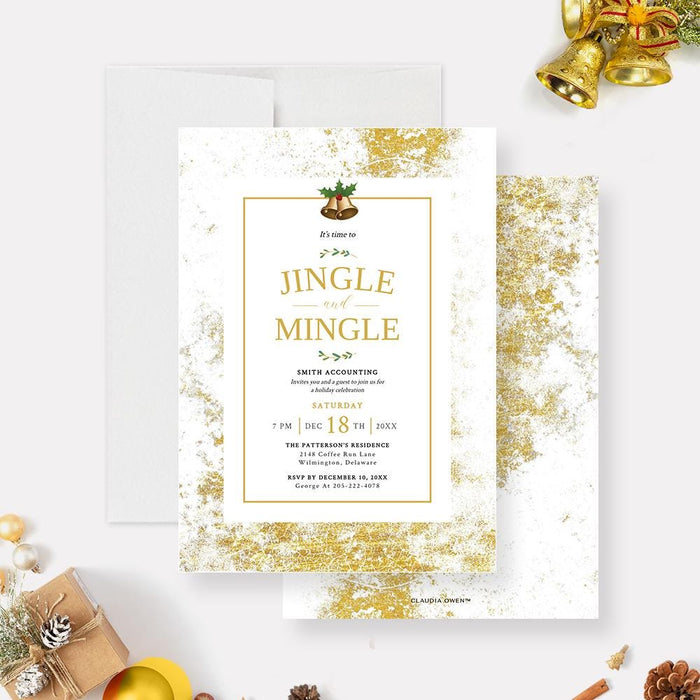 Elegant gold and white “Jingle and Mingle” Christmas party invitation with bells and holly design, featuring modern typography and editable text.