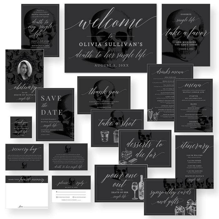 a collage of black and white wedding stationery