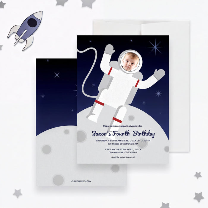 The image is a birthday invitation for a child named Jordan, featuring a space theme with a rocket ship and an astronaut.