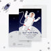 The image is a birthday invitation for a child named Jordan, featuring a space theme with a rocket ship and an astronaut.