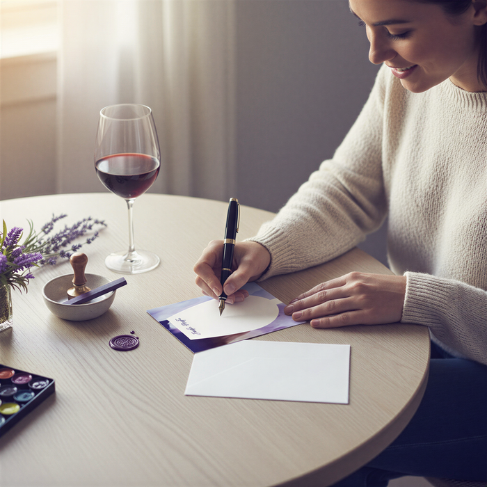 A woman is sitting at a table, writing a note with a fountain pen, while a glass of wine and a small vase of flowers are nearby.