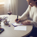 A woman is sitting at a table, writing a note with a fountain pen, while a glass of wine and a small vase of flowers are nearby.