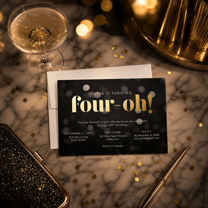 a birthday party invitation for a girl named Olivia, with a black background and gold text. The invitation is placed on a marble surface, surrounded by a glass of champagne, confetti, and a pen.