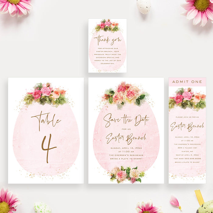 Pink Easter Brunch Invitation Card with Beautiful Flower Illustrations, Flowery Spring Easter Egg Hunt Invites