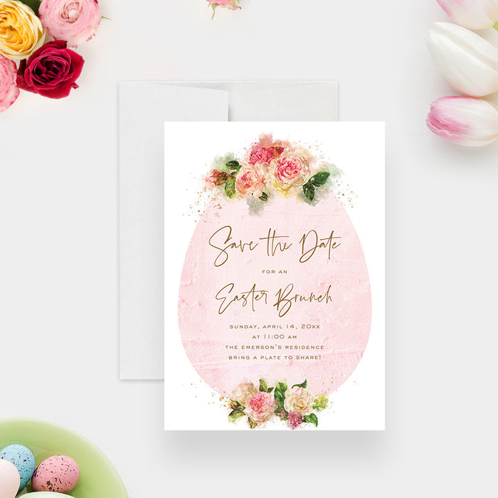 Pink Easter Brunch Save the Date Card with Beautiful Flower Illustrations, Floral Save the Dates for Spring Easter Egg Hunt Celebration