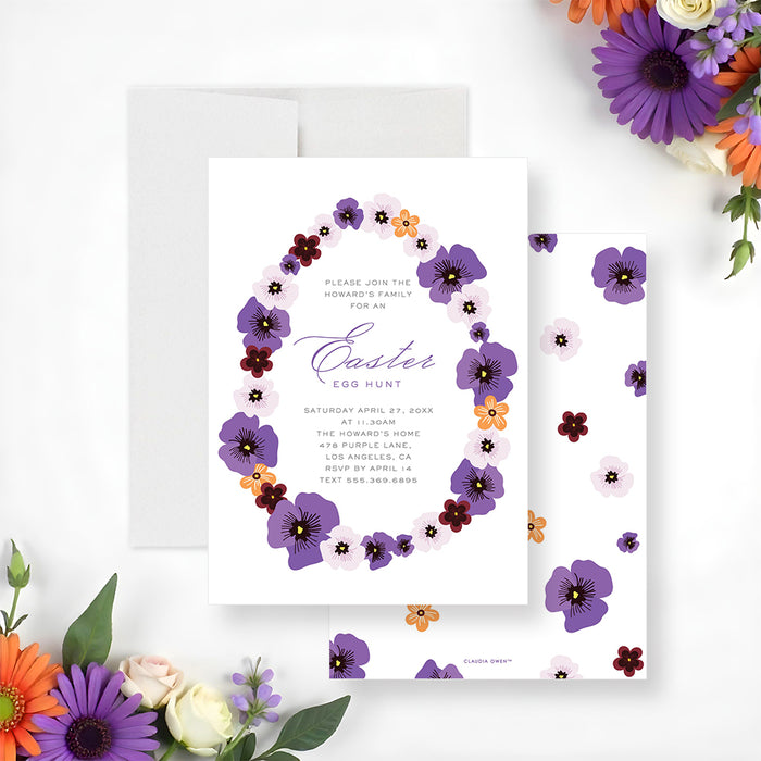 Floral Easter egg hunt invitation featuring a colorful spring-flower egg-shaped illustration-front-back