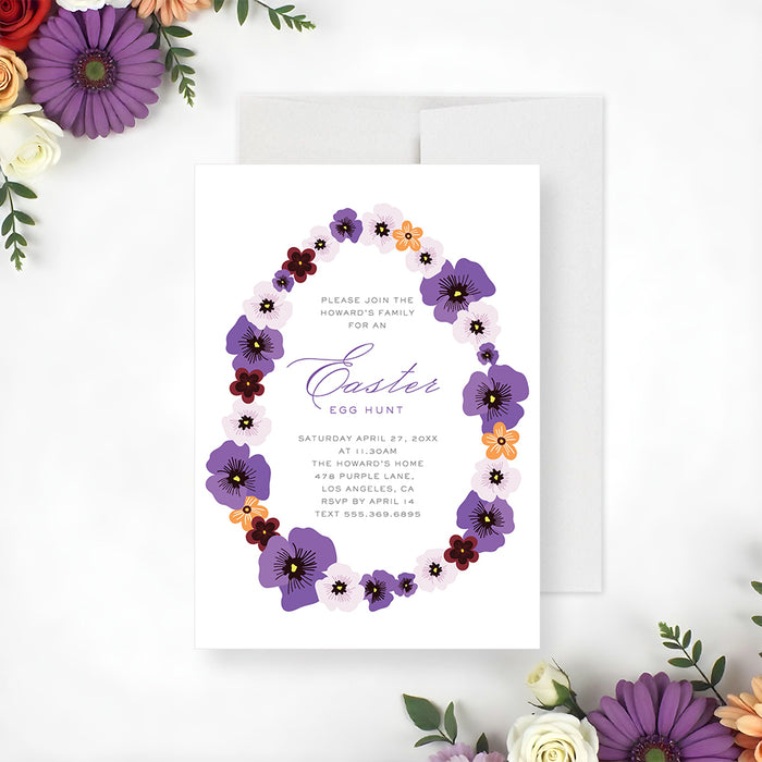 Floral Easter egg hunt invitation featuring a colorful spring-flower egg-shaped illustration-front