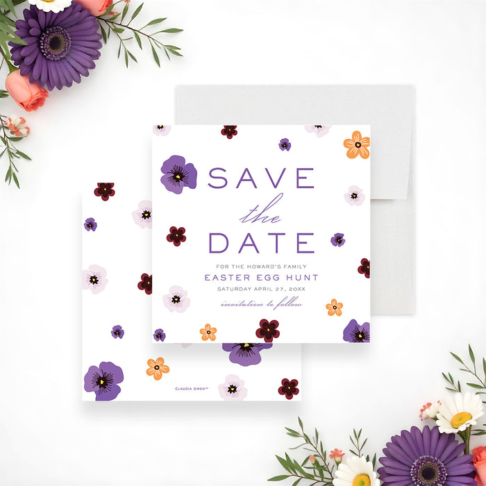 Floral Easter egg hunt save the date card with colorful spring flowers-front-back