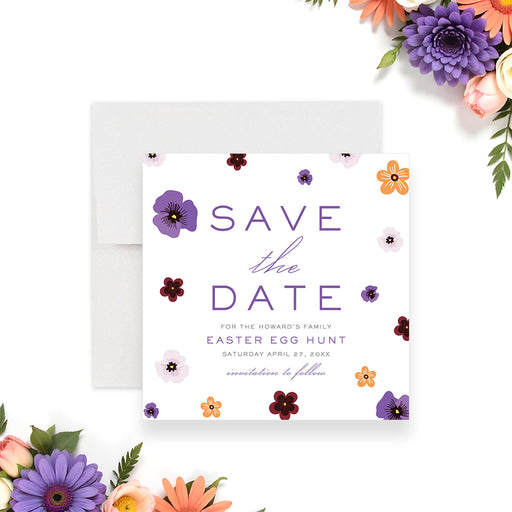 Floral Easter egg hunt save the date card with colorful spring flowers-front