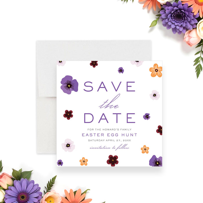Floral Easter egg hunt save the date card with colorful spring flowers-front