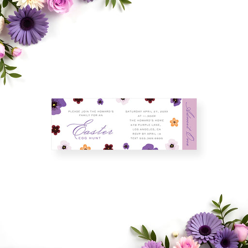 Floral Easter egg hunt ticket invitation featuring spring flowers and event details.
