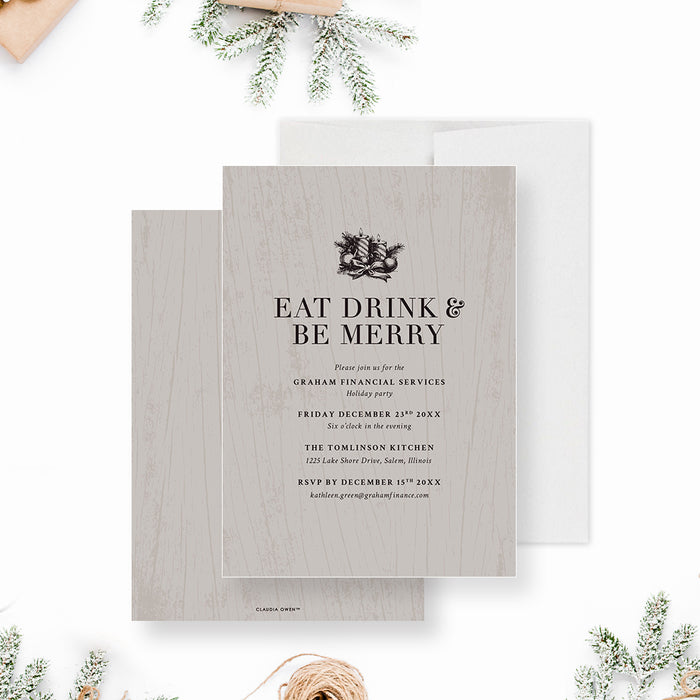 Corporate holiday party invitation featuring "Eat Drink and Be Merry" on a neutral wood-grain background with festive Christmas elements.-front-back