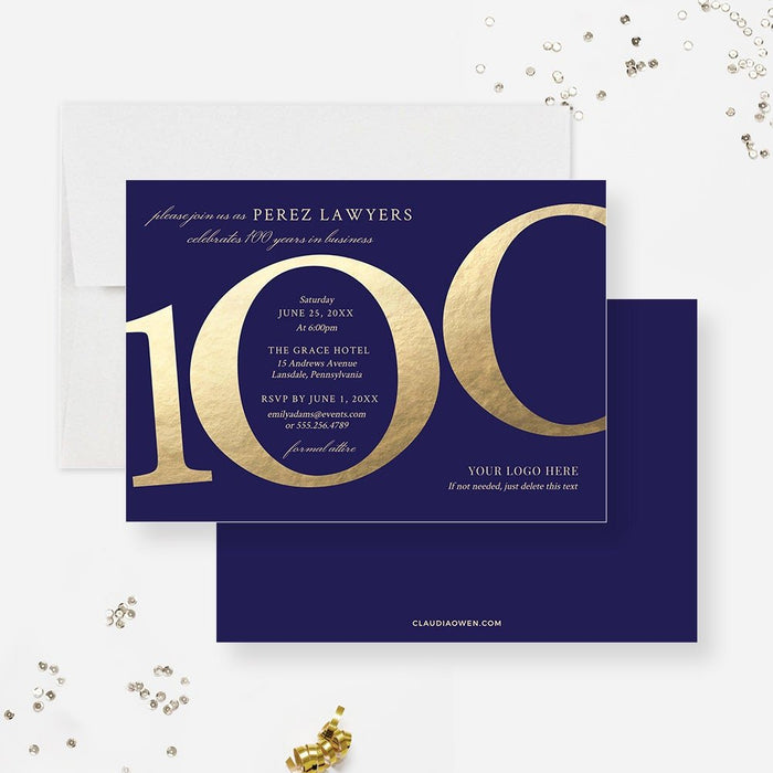 Editable 100th anniversary invitation template with an oversized gold-effect 100 on a purple background and centered event details-front-back