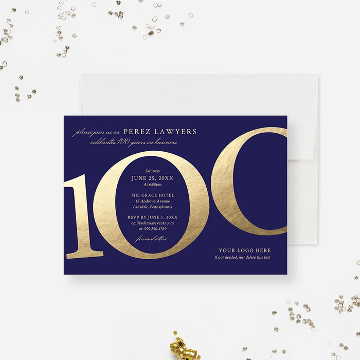 Editable 100th anniversary invitation template with an oversized gold-effect 100 on a purple background and centered event details-front