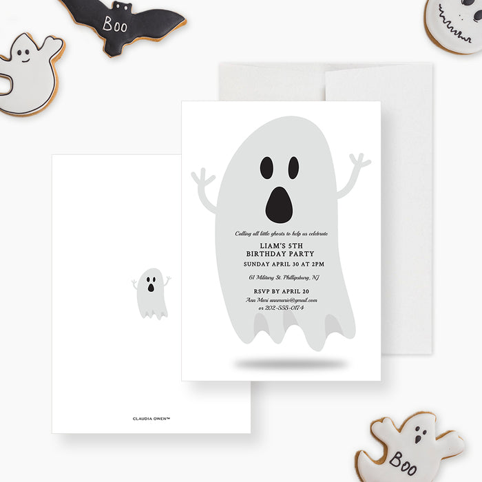Front and back of an editable ghost Halloween birthday invitation template shown with sample 5th birthday wording, playful gray ghost, and white background-front-back