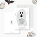 Front and back of an editable ghost Halloween birthday invitation template shown with sample 5th birthday wording, playful gray ghost, and white background-front-back