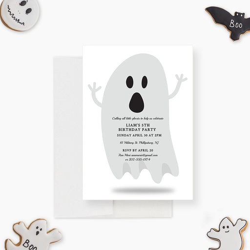 Front and back of an editable ghost Halloween birthday invitation template shown with sample 5th birthday wording, playful gray ghost, and white background-front