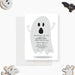 Front and back of an editable ghost Halloween birthday invitation template shown with sample 5th birthday wording, playful gray ghost, and white background-front
