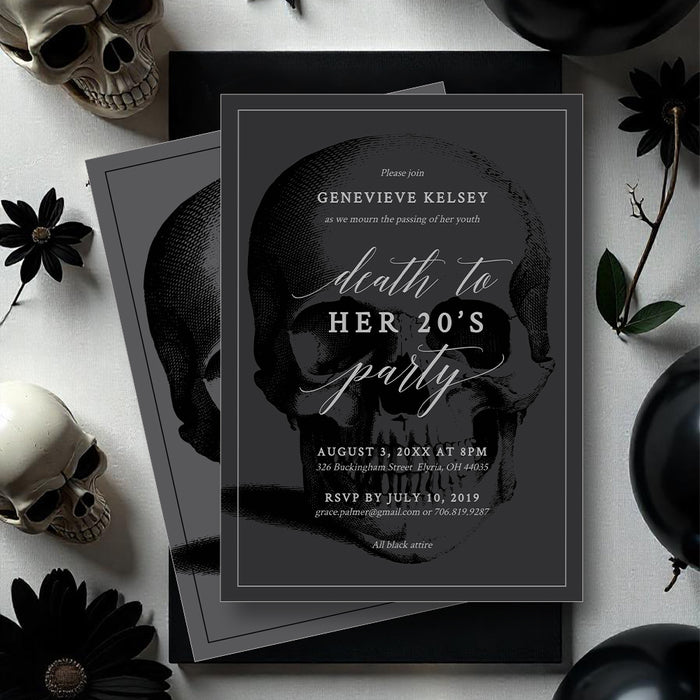 Editable Death to My 20s birthday invitation with a charcoal skull, white script lettering and black roses-front-back