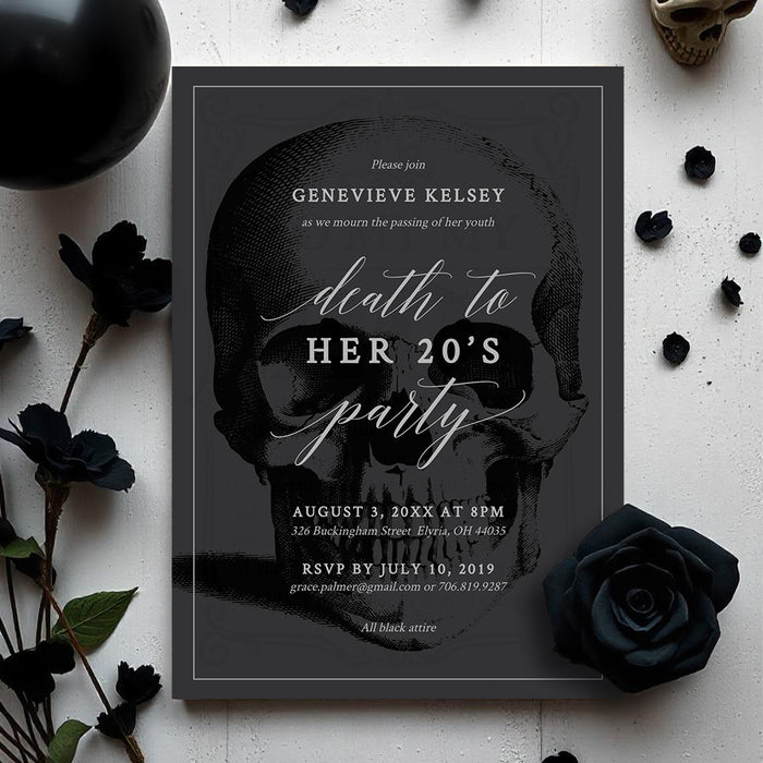 Editable Death to My 20s birthday invitation with a charcoal skull, white script lettering and black roses-front