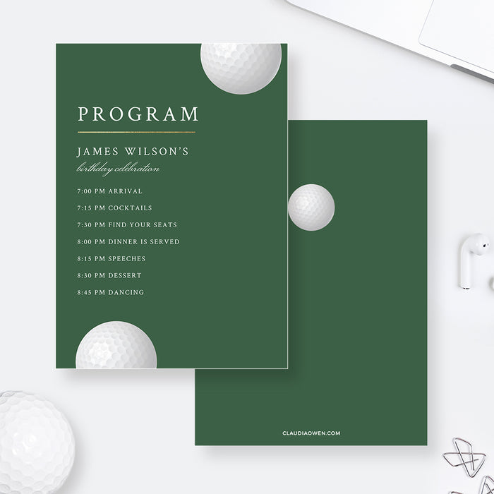Editable golf event program template in sage green with white golf ball graphics and a personalized schedule-front-back