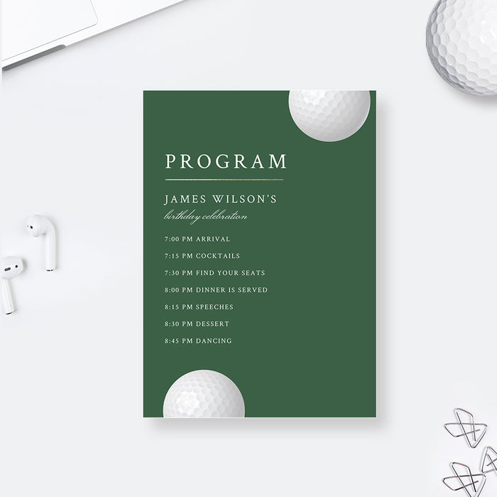 Editable golf event program template in sage green with white golf ball graphics and a personalized schedule-front