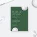 Editable golf event program template in sage green with white golf ball graphics and a personalized schedule-front
