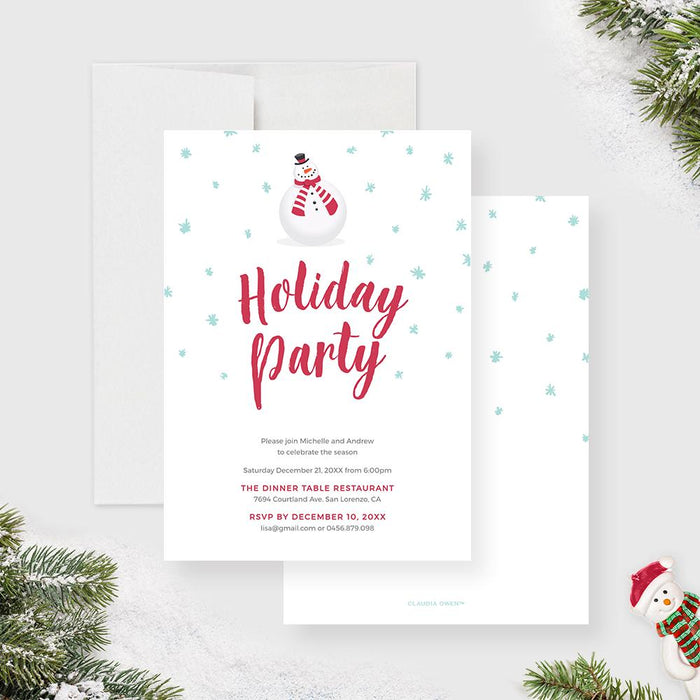 Snowman holiday party invitation featuring red script text, snowflake accents, and a modern winter theme, digital printable card.