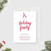 Snowman holiday party invitation featuring red script text, snowflake accents, and a modern winter theme, digital printable card.