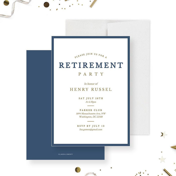 Navy retirement party invitation template with a crisp blue border, refined lettering and editable event details-front-back