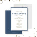Navy retirement party invitation template with a crisp blue border, refined lettering and editable event details-front-back