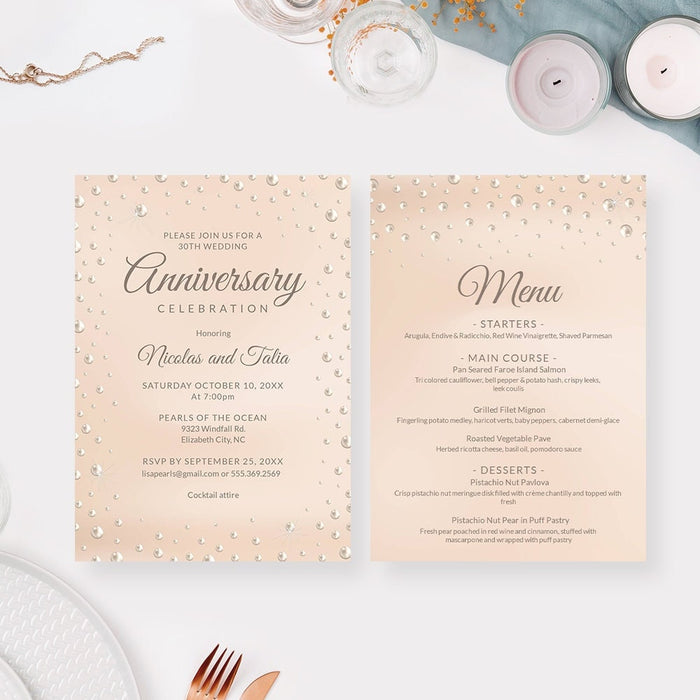 Pearl anniversary invitation and matching menu template in soft beige and cream tones