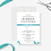 Editable teal ribbon cutting invitation with silver scissors, black event details and a white envelope-front