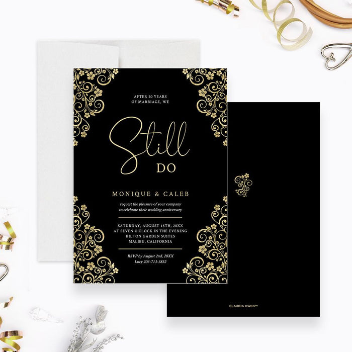 Black wedding anniversary invitation with ornate gold filigree and We Still Do wording-front-back