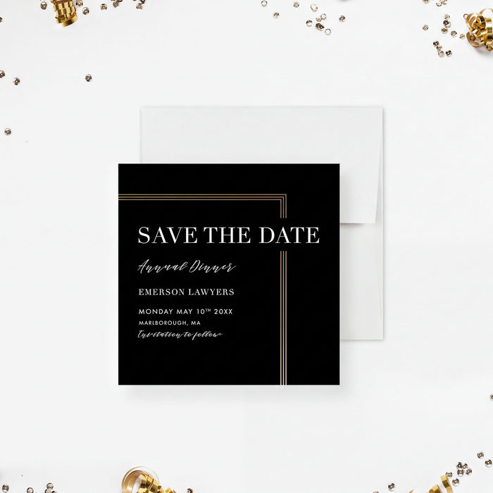 The image is a black and white save the date card for an event, with gold confetti scattered around it.