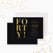 Elegant black and gold business anniversary invitation with “FORTY!” text, customizable for company milestone celebrations.-front-back