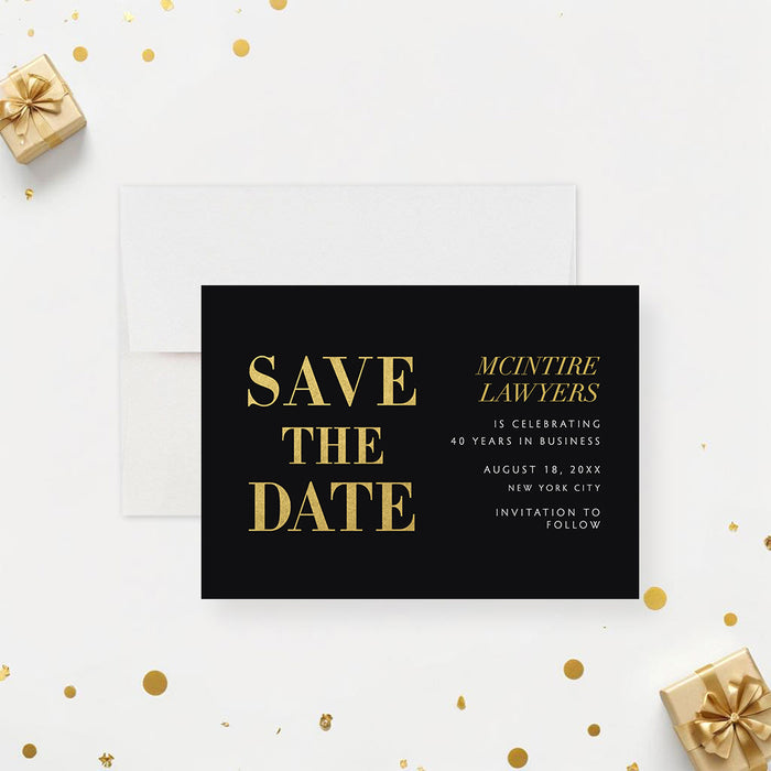 Business anniversary save the date card for company celebration-front